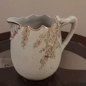 Mid Century Early Rorstrand Sweden Lotta White Ironstone Gilted Floral Pitcher